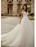 Off Shoulder Beaded Ivory Lace Tulle Sparkling Wedding Dress